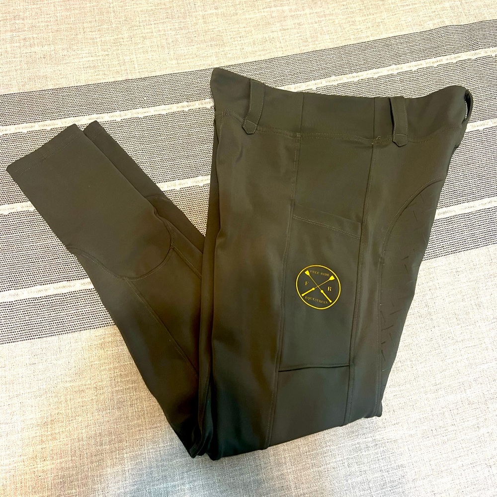 Free Ride Equestrian Pull On Full Seat Olive Green Breeches